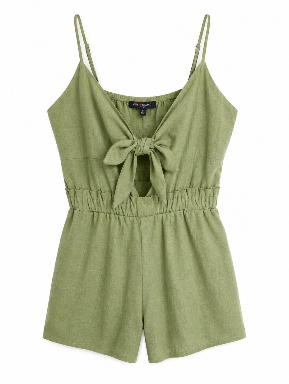 One Clothing Sage Green Tie Front Romper Spaghetti Strap Cutout Waist Size S
